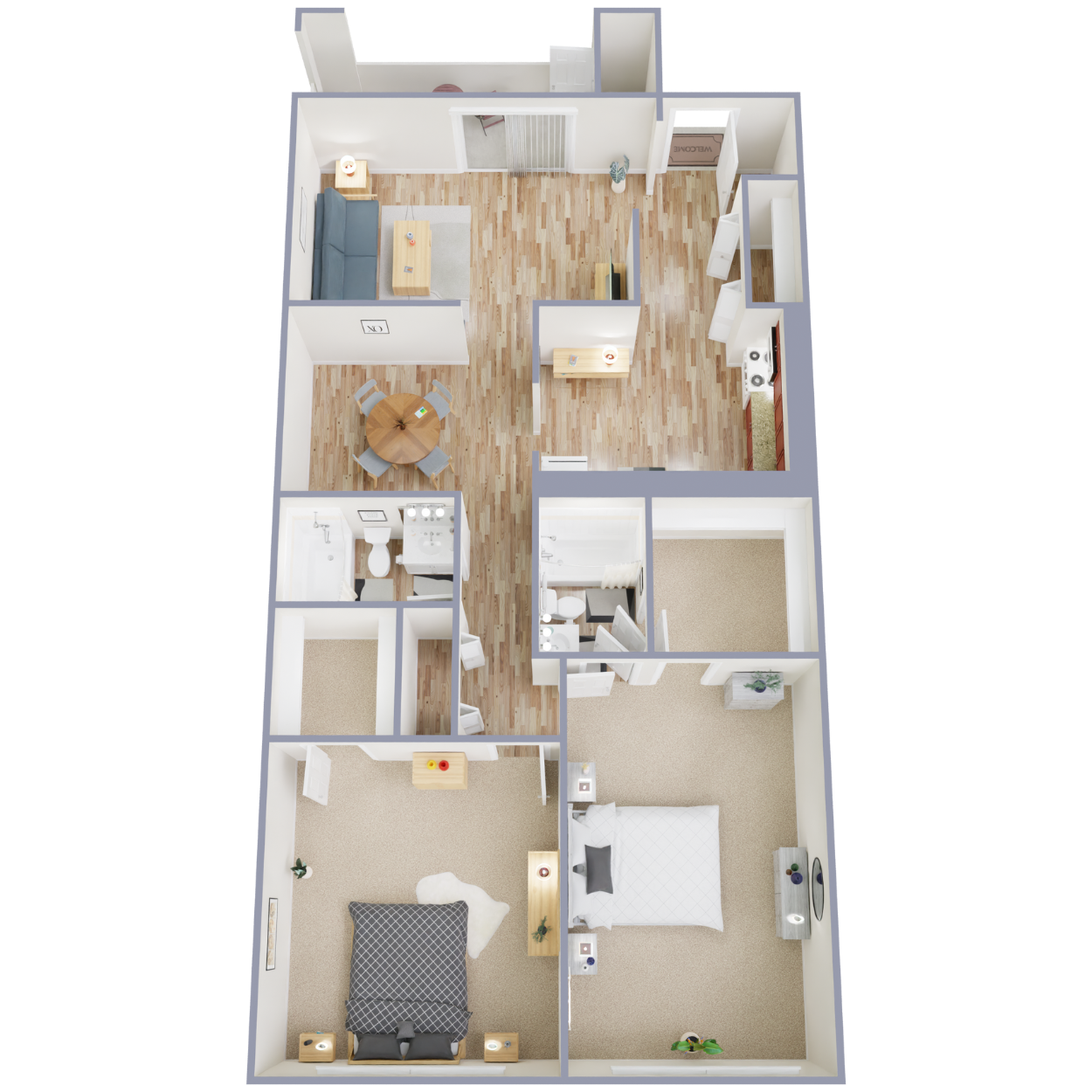 Floor plan for 2 beds, 2 baths, 1256 sqft